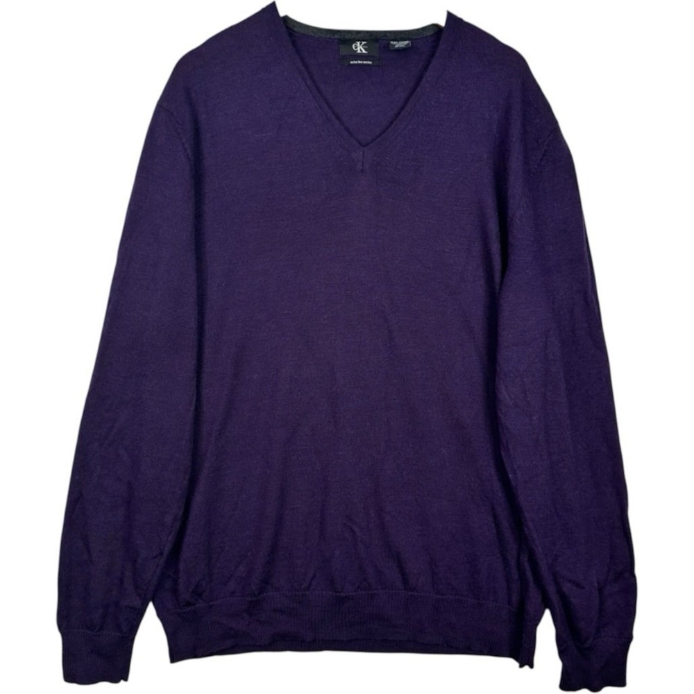 Calvin Klein Mens XXL Extra Fine Merino Wool Sweater Purple V Neck Pullover